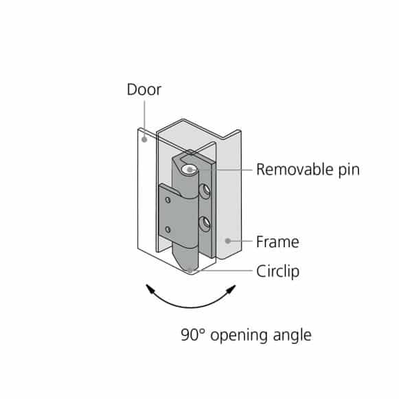 LD-Model-19-HI-installation Opening angle and installation diagram of Concealed & Removable Enclosure Hinge with Pin and Circlip